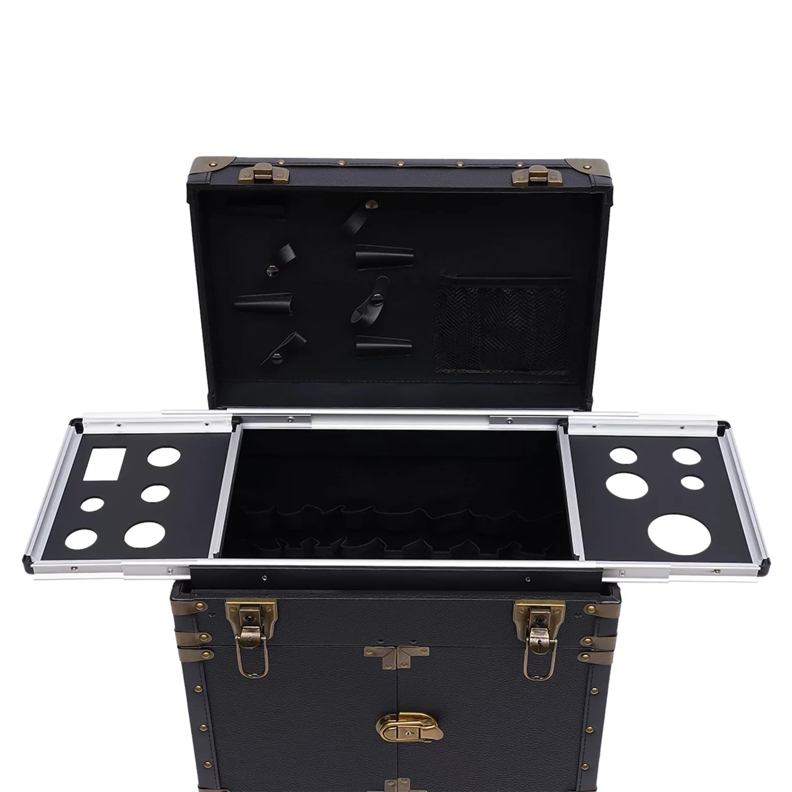 Aiqidi Rolling Lockable Makeup Train Case Hairdressing Trolley Barber Stylist Beauty Salon Cosmetic Luggage Travel Organizer Tool Box with Hair Dryer Holder