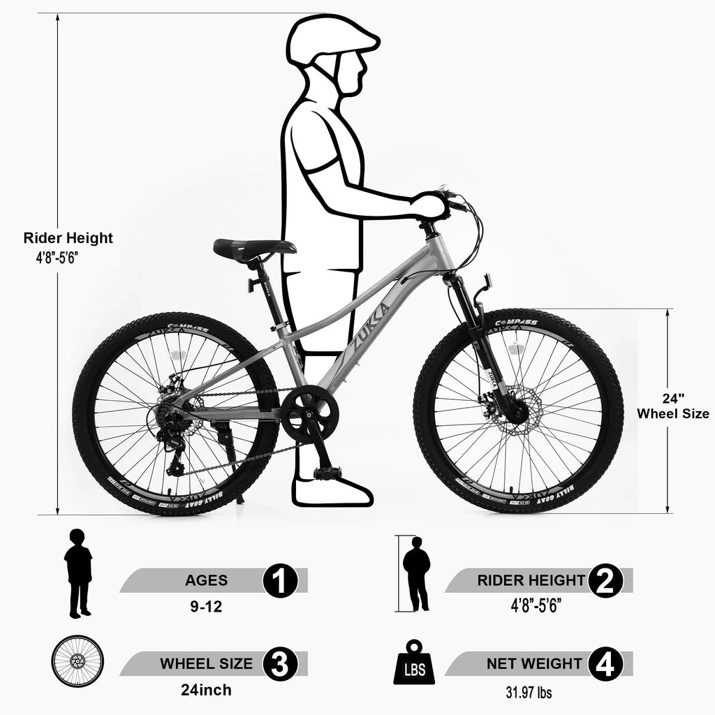 Kids Mountain Bikes 24 inch for Girls and Boys, Shimano 7-Speed Mountain Bicycle with Disc Brakes, 85% Assembled, Gray