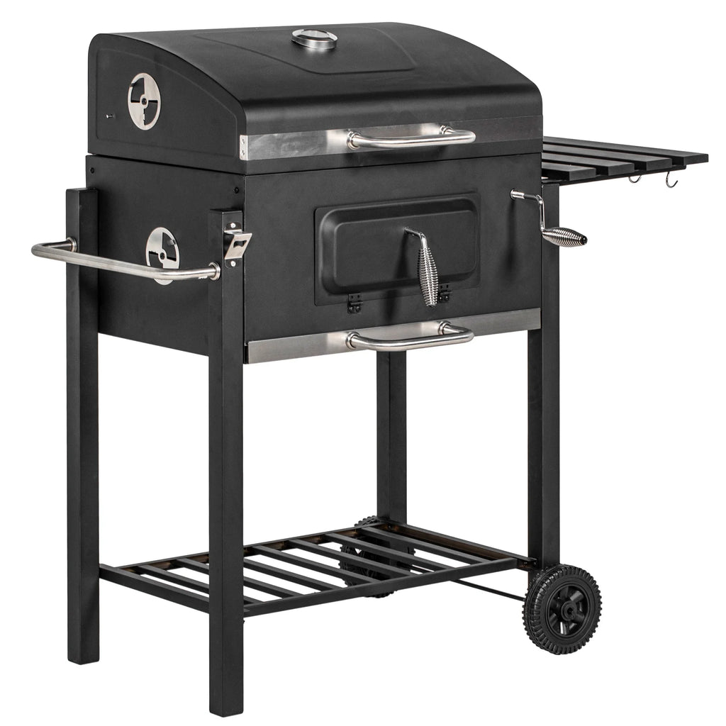 Homiyad Charcoal  Grill, Outdoor Portable Cooker for Camping Or Backyard Picnic with Side Table, Bottom Storage Shelf, Wheels and Handle, Black
