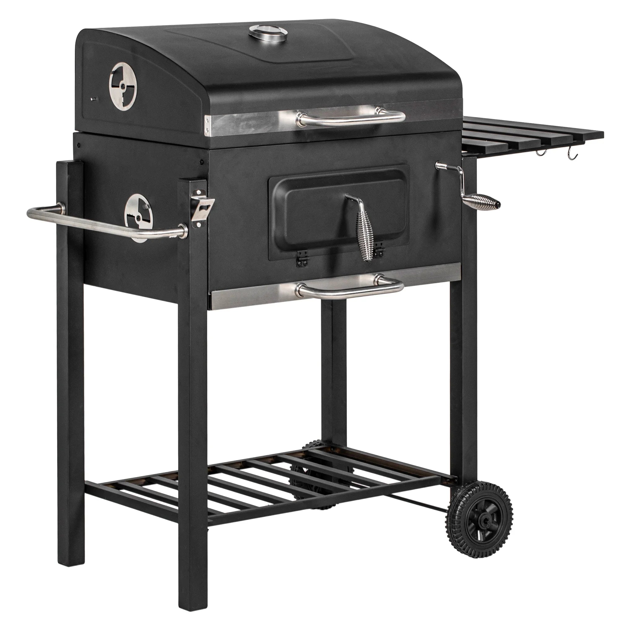 Homiyad Charcoal  Grill, Outdoor Portable Cooker for Camping Or Backyard Picnic with Side Table, Bottom Storage Shelf, Wheels and Handle, Black